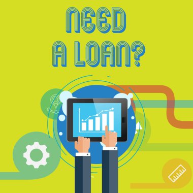 Word metin lüzum A kredi soru yazma. Beklenen para ihtiyacı sorduğun için iş kavramı geri ödenen faiz ile işadamı dokunmadan el işaret-Bar çizgi grafiğinde Smartphone Ekran için.