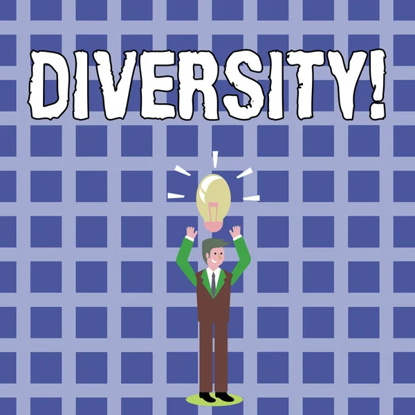 Text sign showing Diversity. Conceptual photo Being Composed of different elements Diverse Variety Multiethnic Businessman Standing Raising Arms Upward with Lighted Bulb Icon on his Head. — Stock Photo, Image