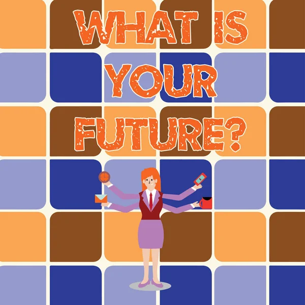 Fogalmi kézi írás, mi a Futurequestion mutatja. Üzleti fénykép bemutató, ahol látod magad a következő évben nő négy kar kiterjesztése oldalra munkavállalók szükséges cikk. — Stock Fotó