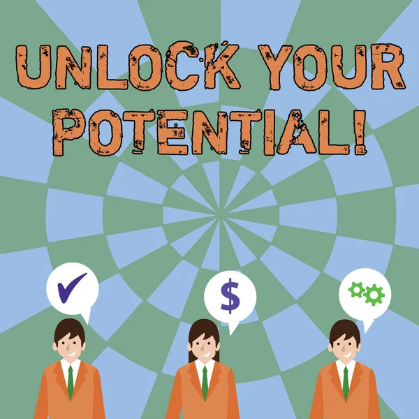 Text sign showing Unlock Your Potential. Conceptual photo release possibilities Education and training is key Businessmen Each has their Own Speech Bubble with Optimization Cost Icons.