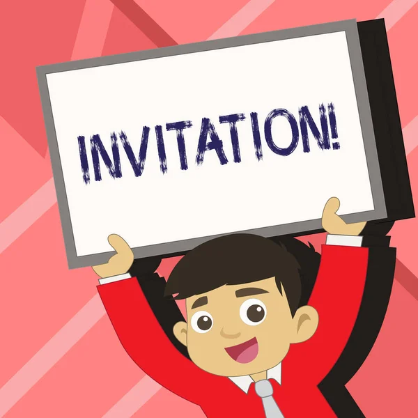 Word writing text Invitation. Business concept for Written or verbal request someone to go somewhere or do something Young Smiling Student Raising Upward Blank Framed Whiteboard Above his Head. — Stock Photo, Image