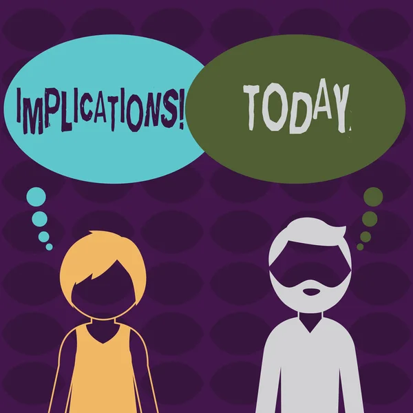 Handwriting text Implications. Concept meaning Conclusion State of being involved Suggestion Insinuation Hint Bearded Man and Woman Faceless Profile with Blank Colorful Thought Bubble. — Stock Photo, Image