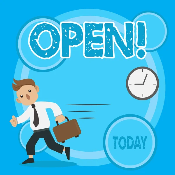 Word writing text Open. Business concept for Allow things to pass through or for immediate use Contrary of closed Man in Tie Carrying Briefcase Walking in a Hurry Past the Analog Wall Clock. — Stock Photo, Image