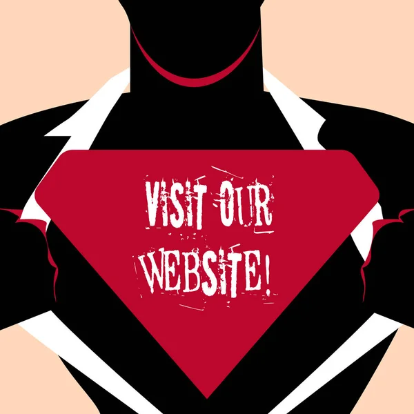 Handskrift text besök vår webbplats. Begreppet mening besökare som kommer till webbplatsen och fortsätter med att bläddra mannen i Superman innebära öppnandet skjortan att avslöja den tomma triangulär Logo. — Stockfoto