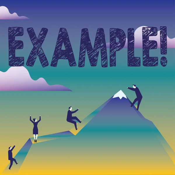 Text sign showing Example. Conceptual photo Illustration Sample Model to follow Guide Explanation For instance Business People Climbing Color Mountain by Themselves Holding Invisible Rope.