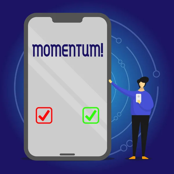 Escribiendo nota mostrando Momentum. Muestra de fotos de negocios Cantidad de movimiento en el cuerpo en movimiento Producto de la masa y la velocidad Hombre Presentando Enorme Smartphone mientras sostiene otro móvil . — Foto de Stock