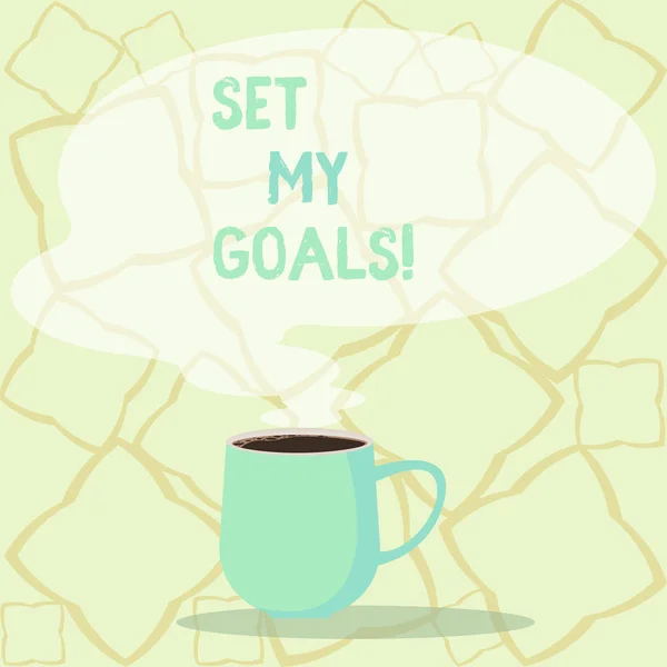 Text schreiben, der meine Ziele vorgibt. Business-Konzept für etwas zu schaffen, das erreichen wollen und etablieren Tasse Foto Tasse heißen Kaffee mit leeren Farbe Sprechblase als Dampf-Symbol. — Stockfoto