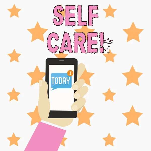 Text sign showing Self Care. Conceptual photo practice of taking action preserve or improve ones own health Human Hand Holding Smartphone with Numbered Unread Blank Message on Screen. — Stock Photo, Image