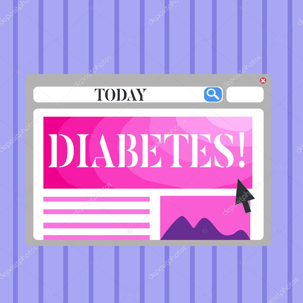 Word writing text Diabetes. Business concept for Chronic disease associated to high levels of sugar glucose in blood Blank Template of Pastel Colorful Website Layout Design for Homepage Format.