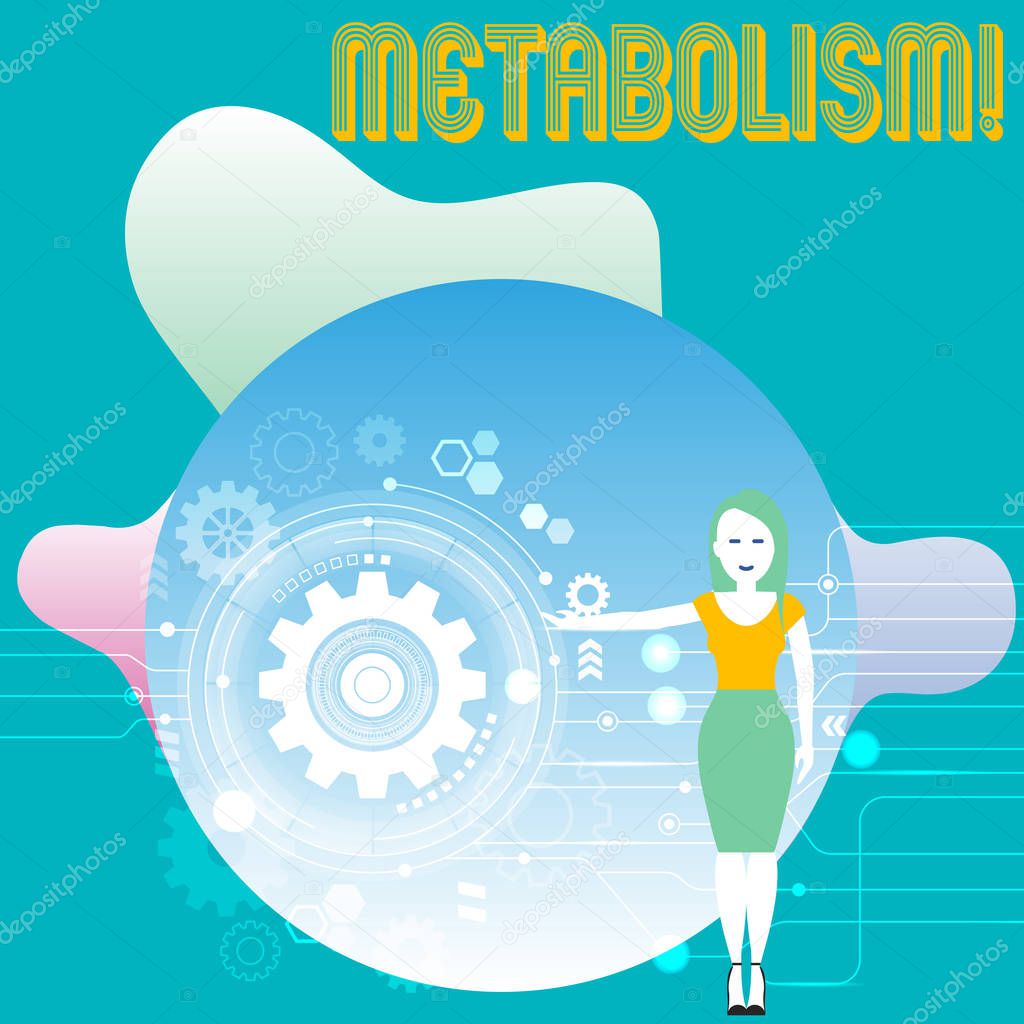 Conceptual hand writing showing Metabolism. Business photo text Chemical processes in body to produce energy food processing Woman Presenting the SEO Process with Cog Wheel Gear inside.