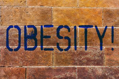 Kavramsal el obezite gösterilen yazma. Tıbbi durum vücut yağ fazlalığı sağlık sorun tuğla duvar sanat Graffiti motivasyonel duvarda yazılı gibi birikmiş vitrine iş fotoğraf.