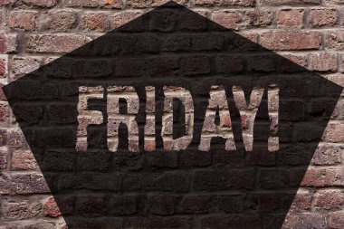 Handwriting text Friday. Concept meaning Last day of working week Start weekend Relax time Brick Wall art like Graffiti motivational call written on the wall. clipart