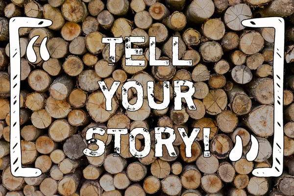 Γραφή κειμένου Word πείτε την ιστορία σας. Επιχειρηματική ιδέα για μοιραστείτε την εμπειρία σας παρακινήσει κόσμο ξύλινο υπόβαθρο εκλεκτής ποιότητας ξύλο άγριο μήνυμα ιδέες προθέσεις σκέψεις. — Φωτογραφία Αρχείου
