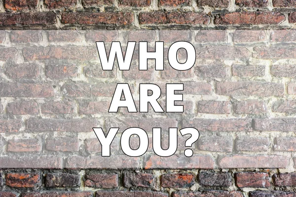 Writing note showing Who Are Youquestion. Business photo showcasing Introduce or Identify Yourself Tell your Personal Story Brick Wall art like Graffiti motivational call written on the wall. — 图库照片