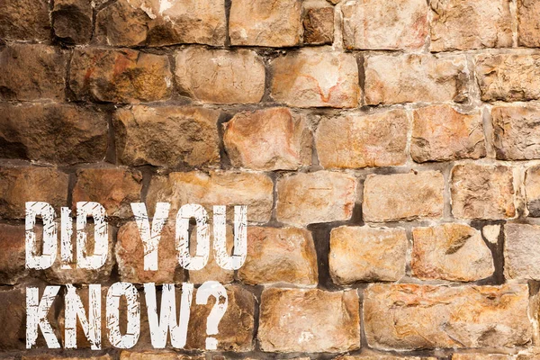 Text sign showing Did You Know Question. Conceptual photo when you are asking someone if they know fact or event Brick Wall art like Graffiti motivational call written on the wall.
