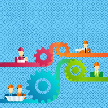 Renkli resimde farklı profesyonel karakter kask erkeklerde bağlantı Cog dişli Widget ayarı simgeler. Ekip çalışması, birlik ve işbirliği için yaratıcı arka plan fikir.