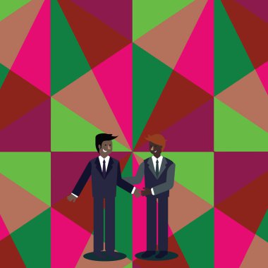 Gülümseyen iş adamları, ayakta ve el sıkışma. Birbirimize el jest tutarak tebrik takım elbiseli iki adam. Giriş veya yeni girişim tamamlanması için yaratıcı arka plan fikir.