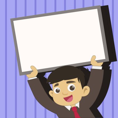 Genç erkek öğrenci boş yükseltmek tahta çerçeveli. Kravat tutarak yukarı doğru boş beyaz tahta başının üzerinde çocukta gülümseyerek. Mutlu duyuru ve temalı olaylar yaratıcı arka plan fikri.