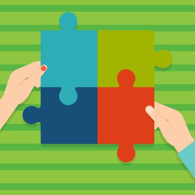 Puzzle parçaları bir araya getirmek insan erkek ve kadın eli Illustration. Dört renkli Jigsaw fayans birbirine ve Tesselating. Takım çalışması ve ortaklık için yaratıcı arka plan.