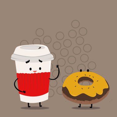 Kapak ve kol ile tek kullanımlık Kupası buzlu halka gitmek. Kahve ve tatlı çörek üst üzerine krema ile yerine getirir. Aperatif tedavi sıcak içecek ve Pastel arka plan üzerinde ekmek.