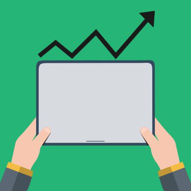 Boş ekran Tablet tutan işadamı el çizimi. Siyah işaret ve yukarı doğru gidiş devam eden ok simgesi yamuk. Başarılı iş kavramı için sunma ve rapor.