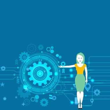 Cog Wheel dişli içinde Seo işlemine sunulması ve onu çevreleyen kadın ayakta kol genişletilmiş. Online Pazarlama ve Web içerik geliştirme için yaratıcı arka plan fikir.