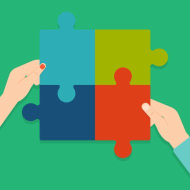 Puzzle parçaları bir araya getirmek insan erkek ve kadın eli Illustration. Dört renkli Jigsaw fayans birbirine ve Tesselating. Takım çalışması ve ortaklık için yaratıcı arka plan.