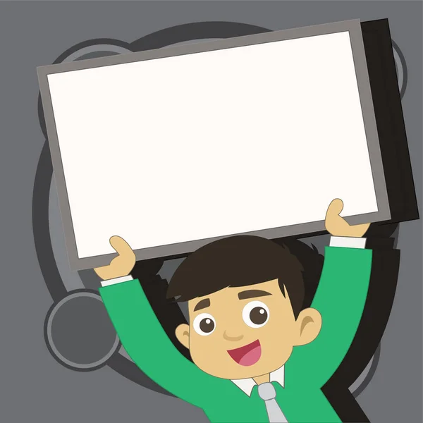 Young Male Student Raising Empty Framed Board. Smiling Boy in Tie Holding Upward Blank Whiteboard Above his Head. Creative Background Idea for Happy Announcement and Themed Events. — Stock Vector