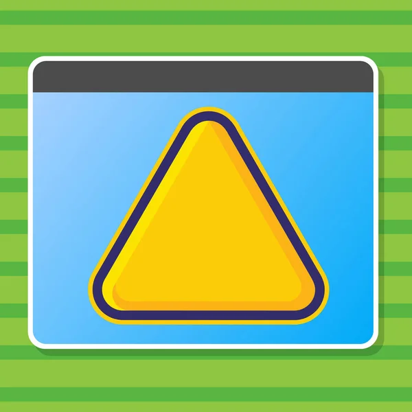 平板电脑屏幕内的黄色三角形。警告标志和技术选项的创意背景想法。三面多边形, 边框浮雕为 "网站" 按钮. — 图库矢量图片