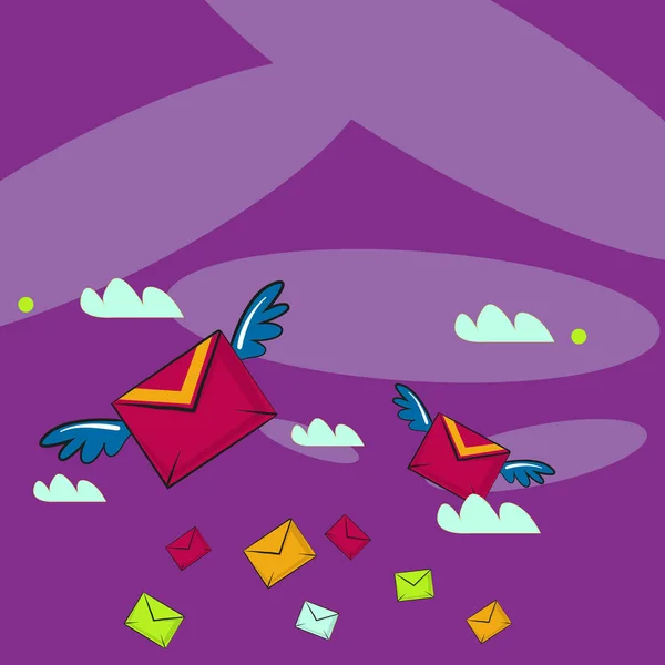 许多五颜六色的航空邮件飞行信封和其中两个与翅膀的快速交付。沟通、推广、创新、技术手段的创新背景理念. — 图库矢量图片