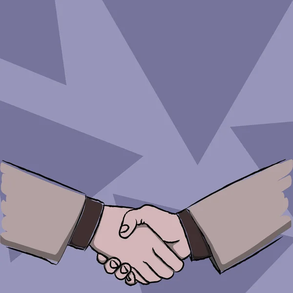 Illustration von zwei Geschäftsleuten, die sich als Geste der Begrüßung, des Willkommens, des geschlossenen Abkommens oder der Übereinkunft fest die Hände schütteln. Kreative Hintergrundidee für Anerkennung und Verhandlungen. — Stockvektor