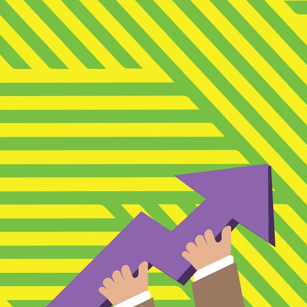 Ilustración del hombre de negocios sosteniendo la mano colorido enorme flecha 3D señalando y subiendo. Concepto de Antecedentes Creativos para Presentación Motivacional, Positiva y Financiera de Negocios . — Vector de stock