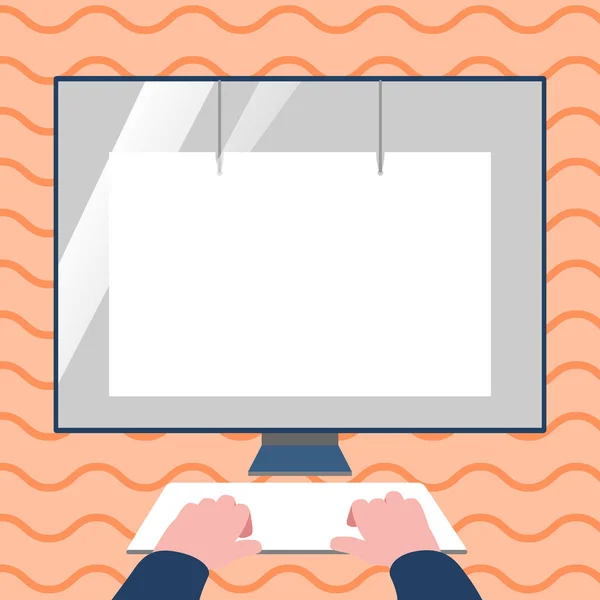 Hände auf einer Tastatur-Attrappe mit blankem weißen Monitor und Sichtschutzfolie. leere visuelle Anzeigeeinheit mit Reflexion auf Stativ montiert. Glanzglaseffekt auf dem Desktop-Computer. — Stockvektor