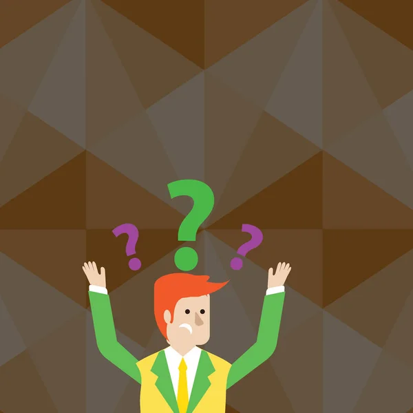 Man in Business Suit Raising Both Arms Upward Looking Confused and Question Marks Above his Head. Creative Background Idea for Informative Presentation, Advisory and Advertisement. — Stock Vector