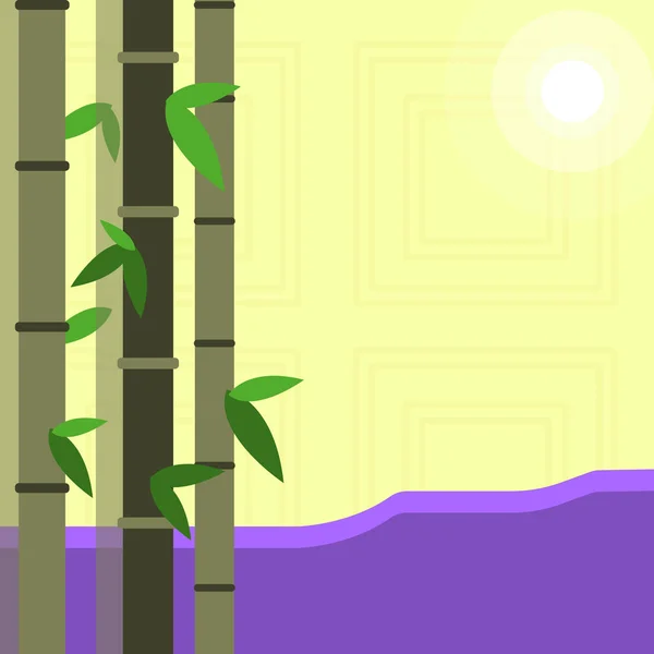 Illustratie van kleurrijke vaste Plant van de lommerrijke bamboe en de maan of de zon met ronde lichtbundel. Creatieve achtergrond idee voor milieukwestie, traditionele overtuigingen, Beauty en Wellness. — Stockvector