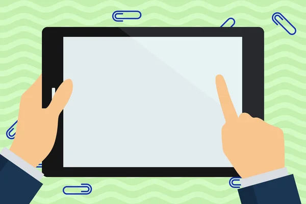 Επιχειρηματίας χέρι που κρατά ορθογώνιο πολύχρωμο Tablet. Χειρός Smartphone με κενή, λευκή οθόνη. Δάχτυλο κατάδειξης και συγκινητικό κενή οθόνη. Συνδετήρες διάσπαρτα γύρω από τη συσκευή. — Διανυσματικό Αρχείο