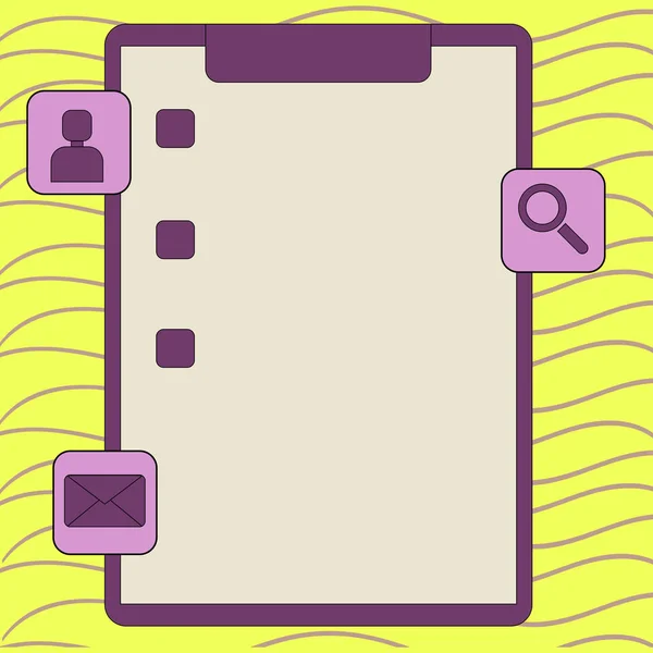 Kleurrijke Klembord met aankruisen en drie Apps pictogrammen, Vergrootglas, Chat hoofd, envelop. Creatieve achtergrond idee voor evaluatie Checklist, herinnering, Updates en kennisgeving. — Stockvector