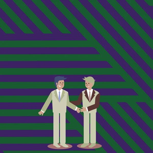 Zakenmensen glimlachen, staande en Handshaking. Twee mannen in pak begroeten elkaar op Hand hebt gebaar. Creatieve achtergrond idee voor invoering of voltooiing van New Venture. — Stockvector