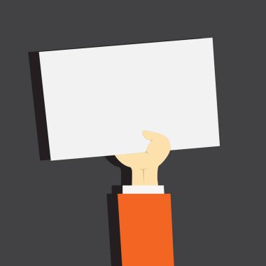 Yukarı doğru gölge ile boş bir kağıt tutan işadamı el çizimi. Önkol temiz beyaz çarşaf parmak ve başparmak arasında sıkışmış yükselterek. Düz Pastel renk zemin için.