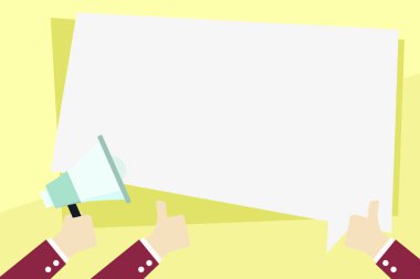 Bir yandan elinde megafon ve diğer iki başparmak yukarıya el hareketi. Boş dikdörtgen düz renk konuşma balonu şeklinde. Başarıları ve promosyonlar için yaratıcı arka plan.