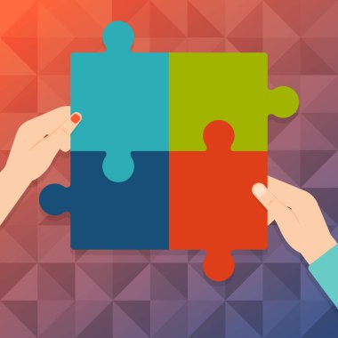 Puzzle parçaları bir araya getirmek insan erkek ve kadın eli Illustration. Dört renkli Jigsaw fayans birbirine ve Tesselating. Takım çalışması ve ortaklık için yaratıcı arka plan.