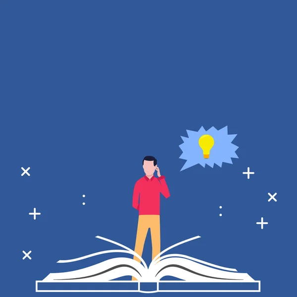 Mannen står bakom stora öppna boken och Hand på hans huvud. Ojämna pratbubblan med glödlampa idé ikonen inuti. Kreativ bakgrund idé för utbildningsfrågor, Discovery och Innovation. — Stock vektor
