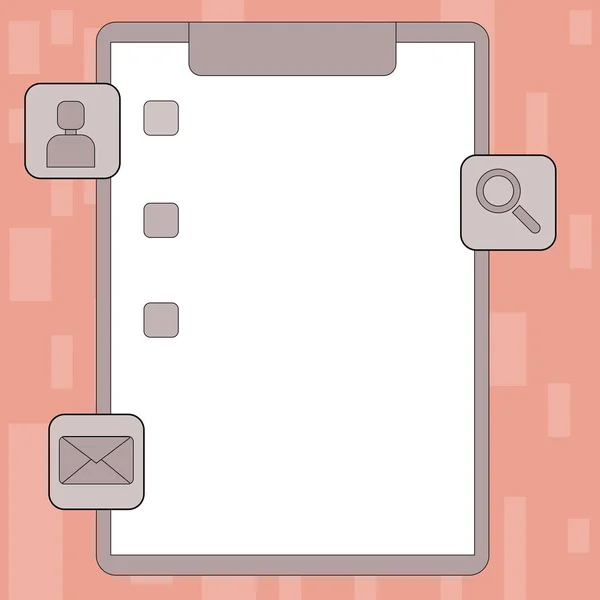 Kleurrijke Klembord met aankruisen en drie Apps pictogrammen, Vergrootglas, Chat hoofd, envelop. Creatieve achtergrond idee voor evaluatie Checklist, herinnering, Updates en kennisgeving. — Stockvector
