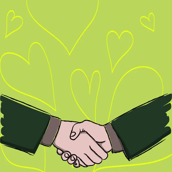 Illustratie van twee zakenlieden schudden handen stevig als gebaar van begroeting, gastvrije, gesloten akkoord of overeenkomst. Creatieve achtergrond idee van erkenning en onderhandelingen. — Stockvector