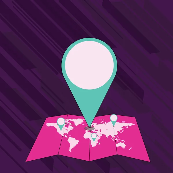 Colorido Pin de marcador de ubicación enorme que apunta a un área o dirección en el mapa. Idea de fondo creativo para entrega, envío, presentación, navegación, compras y guía de viajes . — Archivo Imágenes Vectoriales
