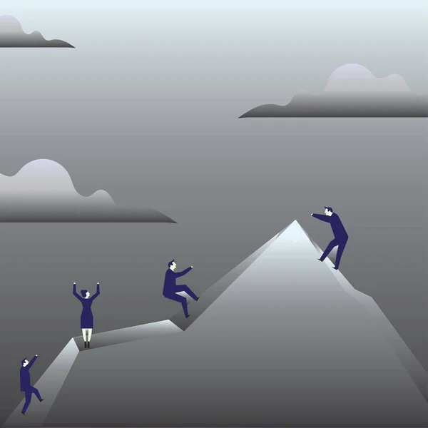 Ilustrace Business People Climbing Mountain by Themself Gesturing like holding to Imaginary Lope. Tvůrčí pozadí nápad pro týmovou práci, vedení, motivaci a jednotu. — Stockový vektor