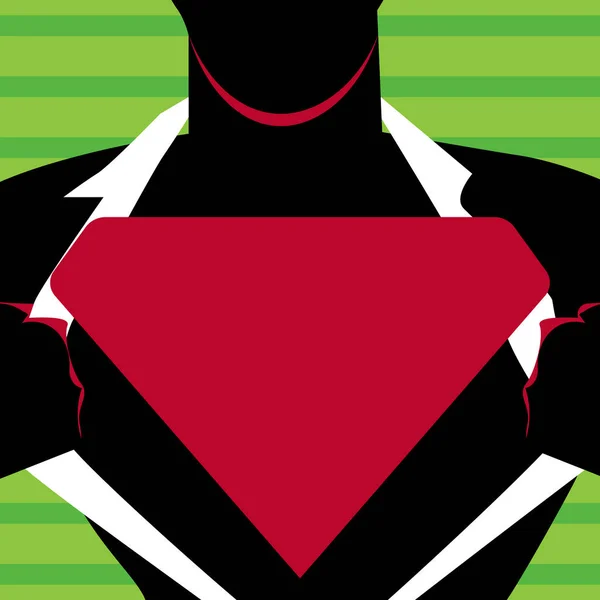 Ember a Superman jelentenek, inget, hogy felfedje üres háromszög logó megnyitása. Férfi sziluettje az ember az acél üres védjegye a mellén. Szuperhős profil a kebelén háromszög Emblémázott. — Stock Vector
