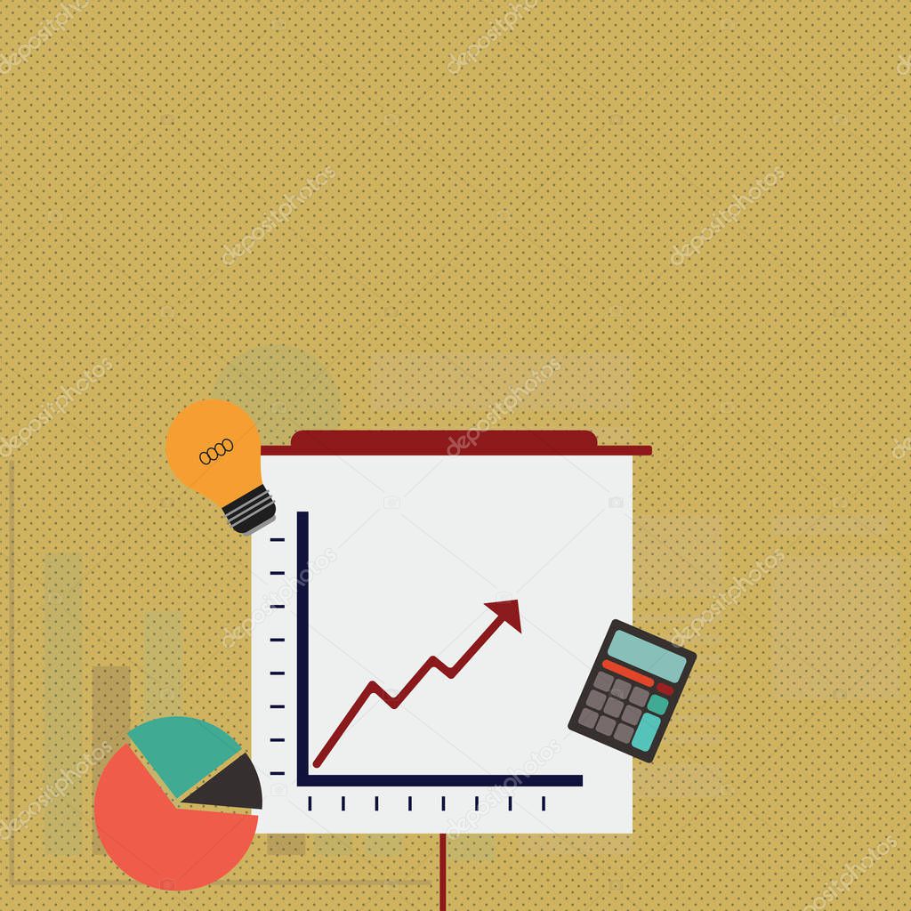 Investment Icons of Pie and Line Chart with Arrow Pointing Going Upward, Calculator and Bulb. Creative Background Idea for Business Opportunity, Financial Presentation and Report.