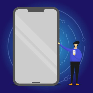 Büyük boş ekran cep telefonu parlak etkisi ile işaret ve bir gadget'ı tutan kişi ayakta. Yansıma ve açgözlü cep telefonu başka bir taraftan dev Smartphone sunan adam.