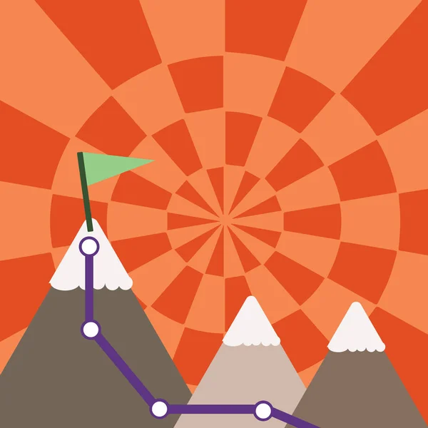 Illustration von drei bunten Bergen mit Pfad und weißem, schneebedecktem Gipfel mit Fahne auf einem Gipfel. Kreative Hintergrundwerbung für Motivation, Positivität und Outdoor-Herausforderungen. — Stockvektor